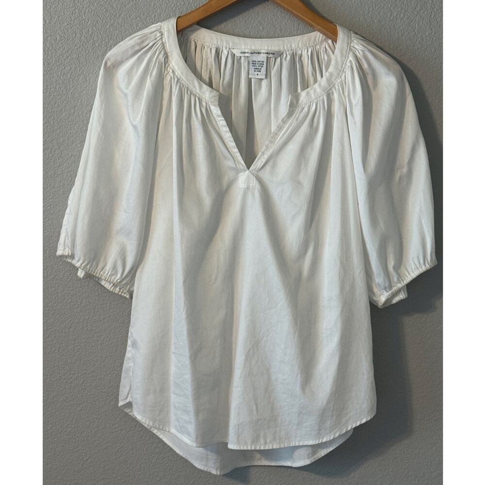 Diane von Furstenburg Cotton V-Neck Puff Sleeve Boho Blouse Womens size 8